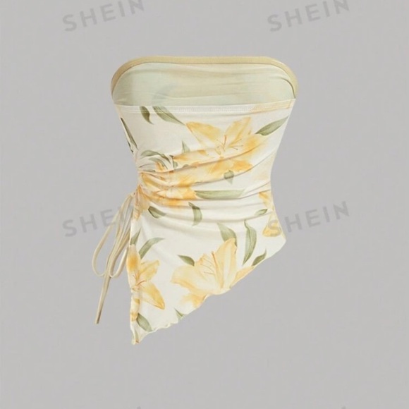 SHEIN MOD Women's Floral Pattern Asymmetrical Hem Strapless Top - Picture 2 of 3
